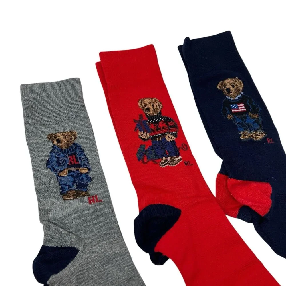 Polo Ralph Lauren Bear Crew Socks Mens 10-13 Cotton Gift Box 3 Pack‎ Red Gray